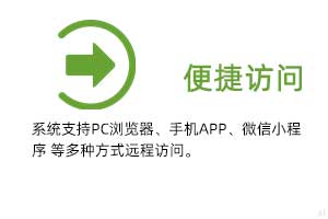 便攜訪問(wèn)：系統(tǒng)支持PC瀏覽器、手機(jī)APP、微信小程序 等多種方式遠(yuǎn)程訪問(wèn)。