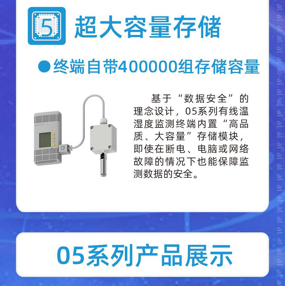 志翔領(lǐng)馭MJK2005系列溫濕度監(jiān)測(cè)系統(tǒng)基于“數(shù)據(jù)安全”的理念設(shè)計(jì)，終端內(nèi)置“高品質(zhì)、大容量”存儲(chǔ)模塊，自帶500000組存儲(chǔ)容量，即使在斷電、電腦或網(wǎng)絡(luò)故障的情況下也能保障監(jiān)測(cè)數(shù)據(jù)的安全。